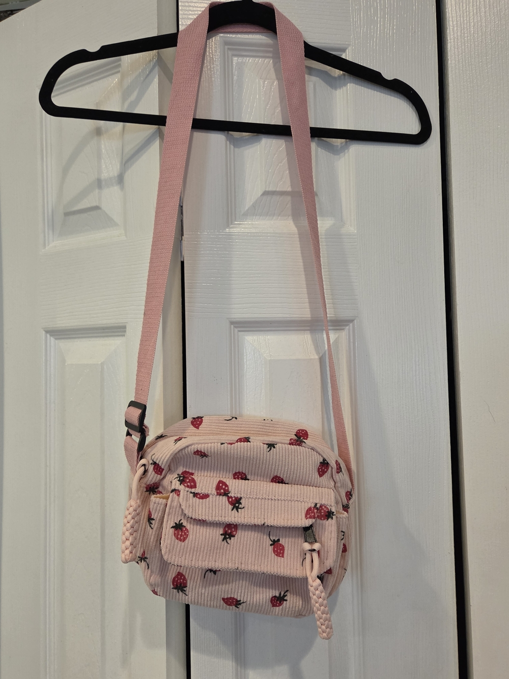 Pink Strawberry Print Crossbody Bag - Casual Womens Shoulder Bag
